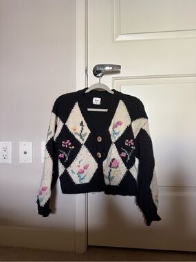 Tach Black & Cream Floral Argyle Cardigan Sweater